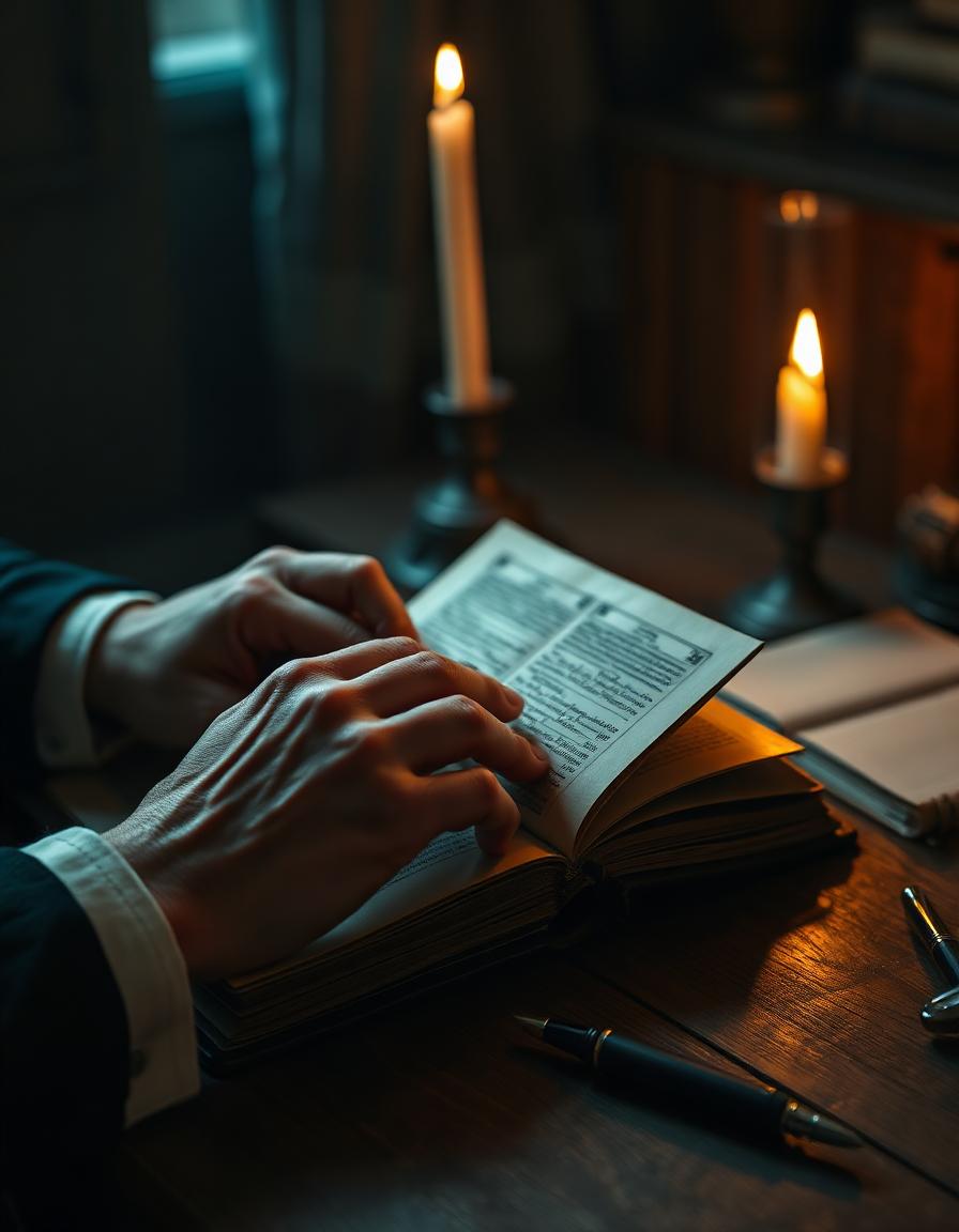 Mani che sfogliano un libro antico in penombra